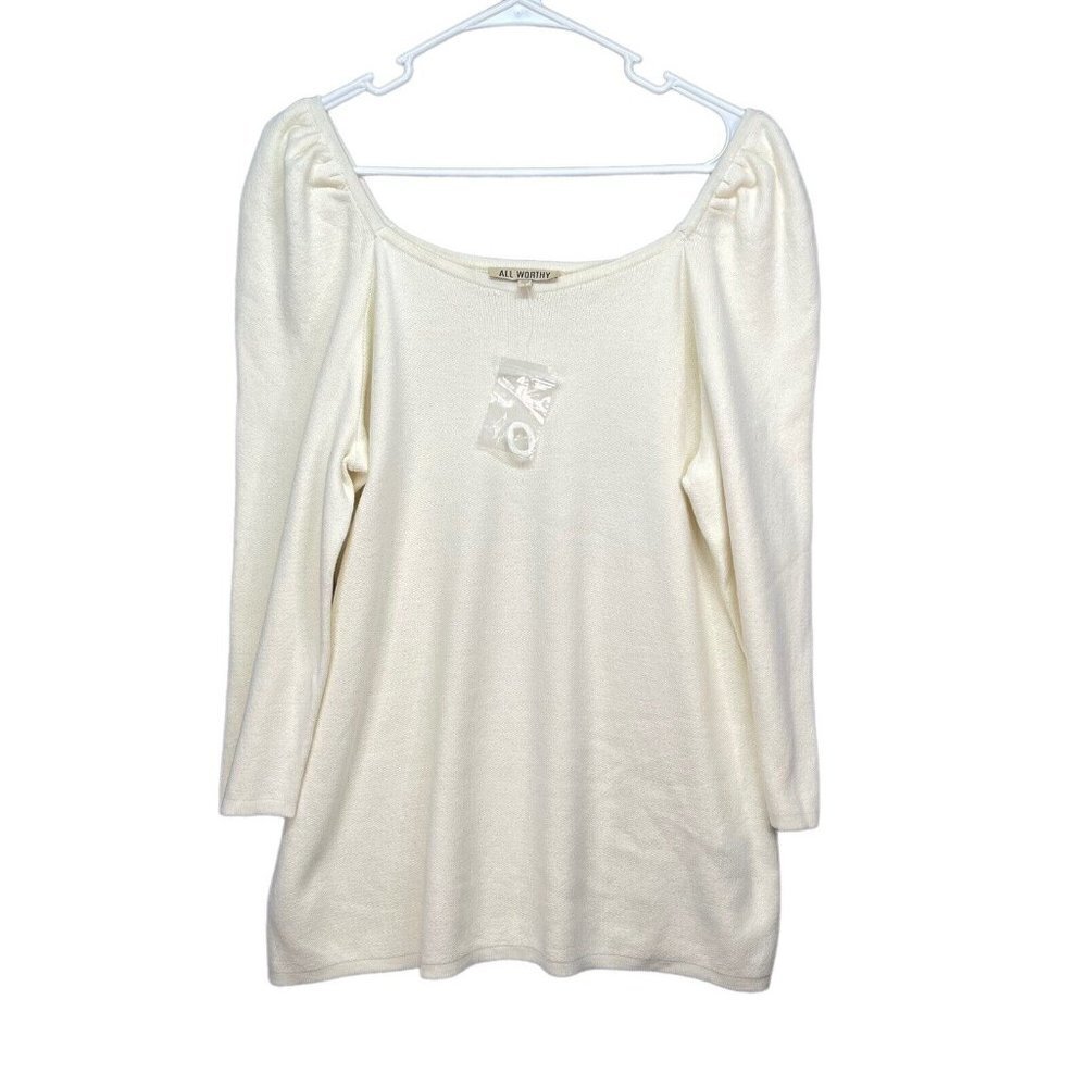 NWOT All Worthy Hunter McGrady - Puff Sleeve‎ Sweater 100% Cotton - Ivory Size L